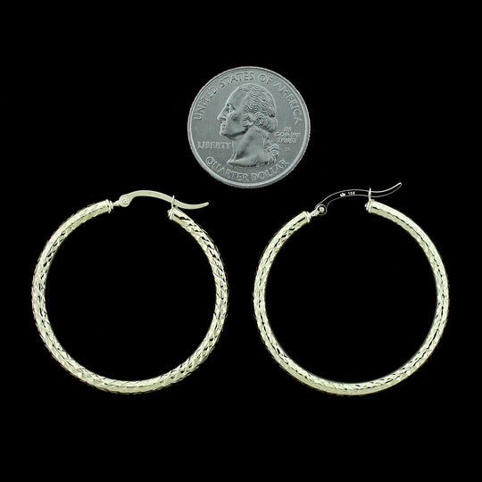 Real 10K Yellow Gold 3mm X 38mm 1.5" Diamond Cut Shiny Plain Hoop Earrings