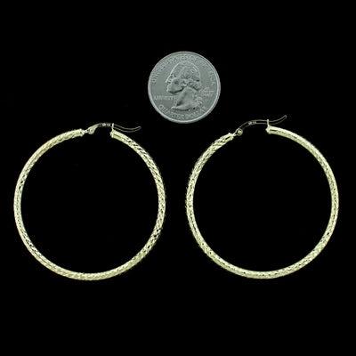 Real 10K Yellow Gold 3mm X 50mm 2" Diamond Cut Shiny Plain Hoop Earrings