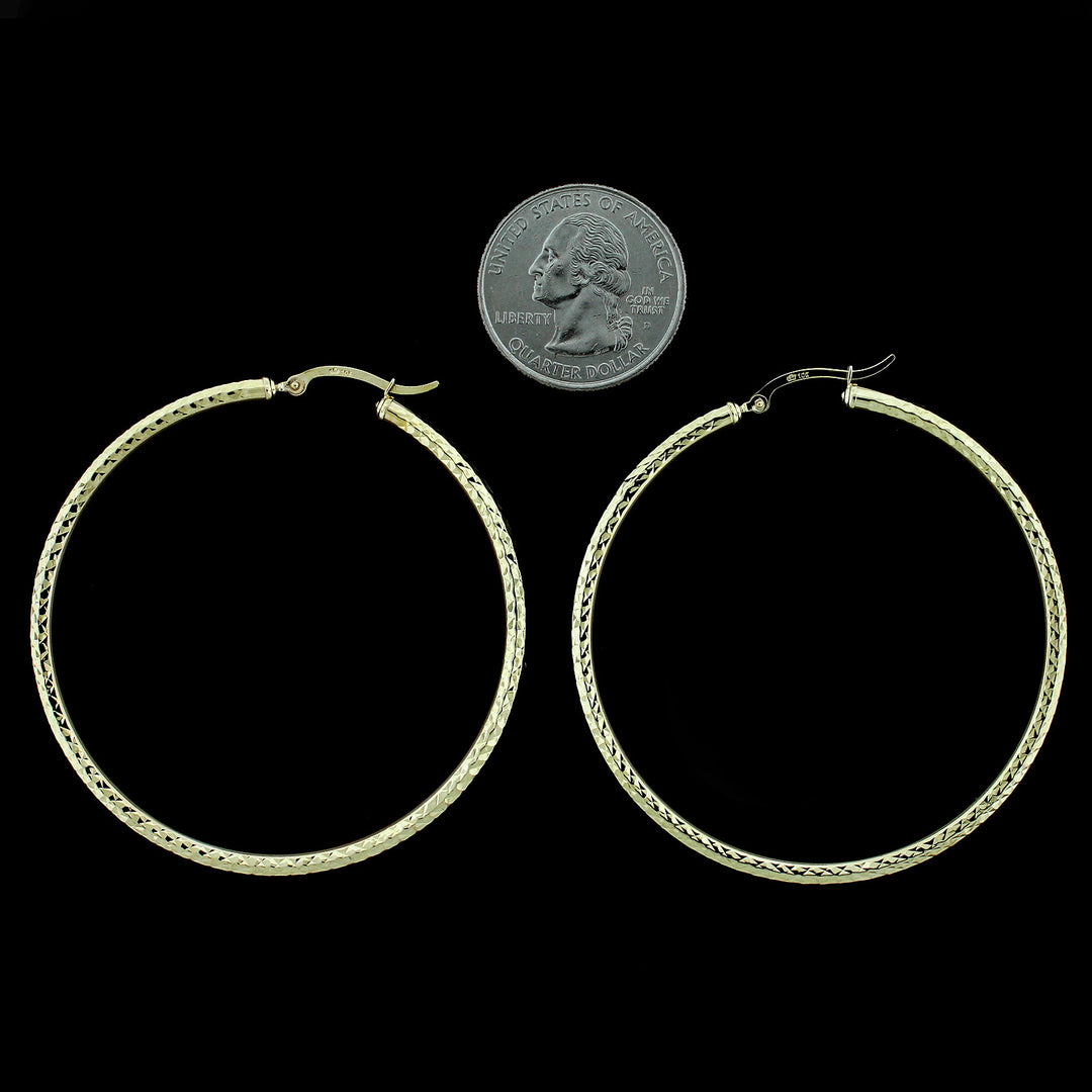 Real 10K Yellow Gold 3mm X 60mm 2.5" Diamond Cut Shiny Plain Hoop Earrings