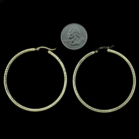 Real 10K Yellow Gold 3mm X 60mm 2.5" Diamond Cut Shiny Plain Hoop Earrings