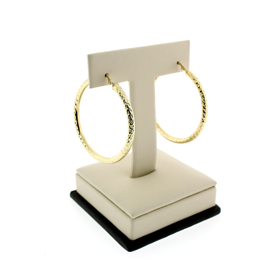 Real 10K Yellow Gold 3mm X 38mm 1.5" Diamond Cut Shiny Plain Hoop Earrings