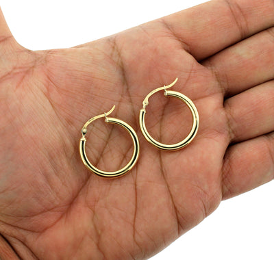 Real 10K Solid Yellow Gold 3mm X 25mm 1" Plain Shiny Round Tube Hoop Earrings