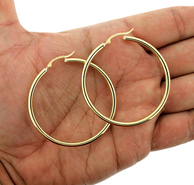 Real 10K Solid Yellow Gold 3mm X 50mm 2" Plain Shiny Round Tube Hoop Earrings