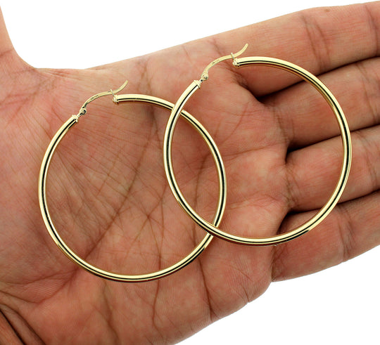 Real 10K Solid Yellow Gold 3mm X 60mm 2.5" Plain Shiny Round Tube Hoop Earrings