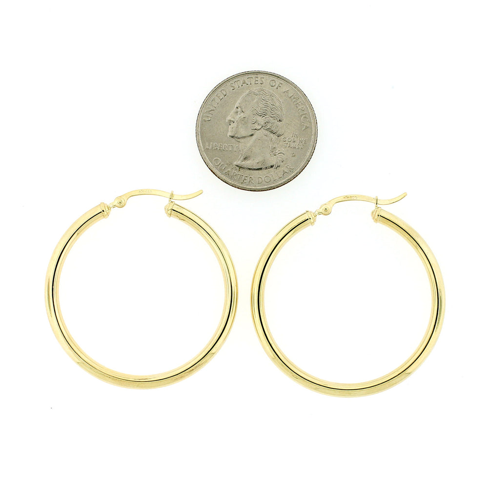 Real 10K Solid Yellow Gold 3mm X 38mm 1.5" Plain Shiny Round Tube Hoop Earrings