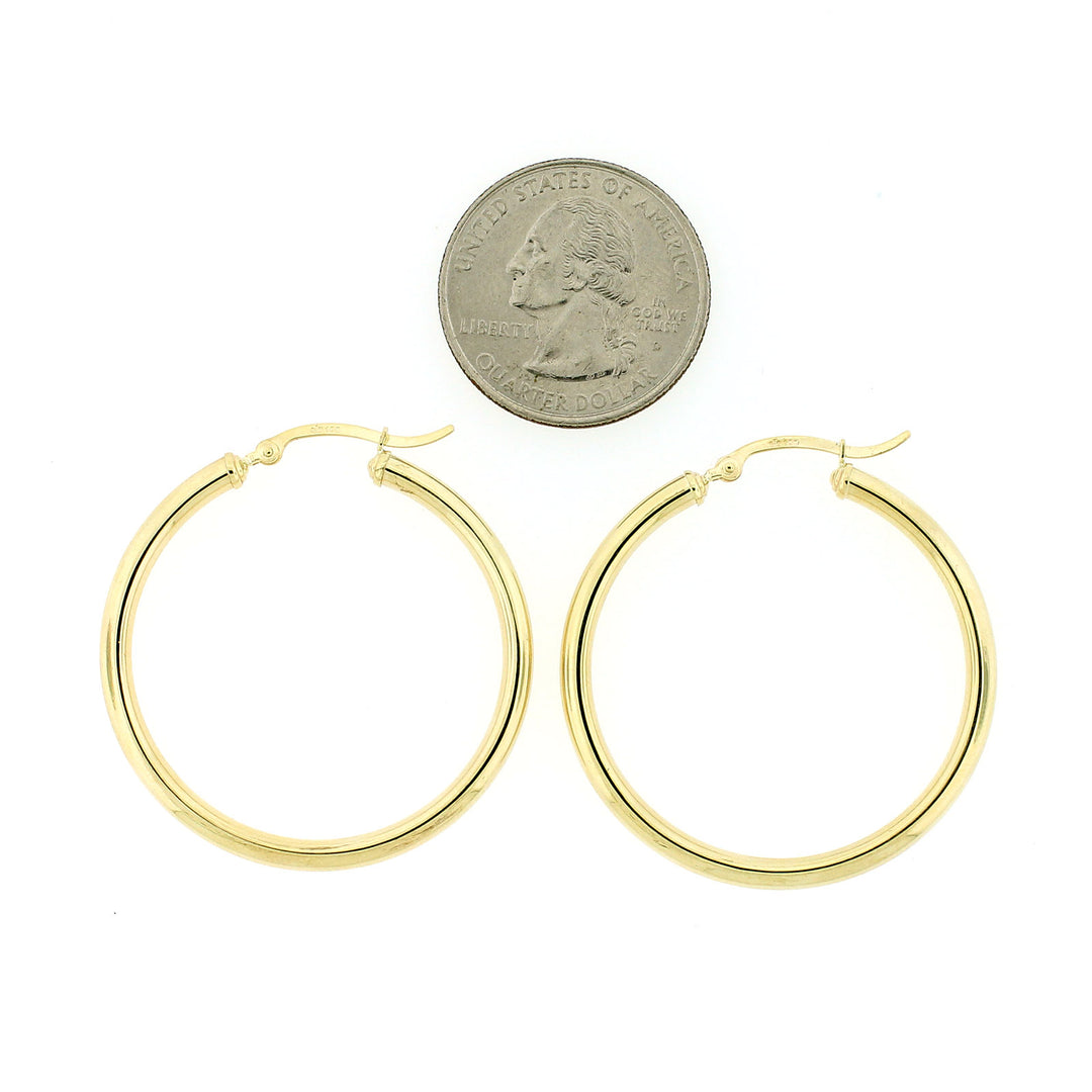 Real 10K Solid Yellow Gold 3mm X 38mm 1.5" Plain Shiny Round Tube Hoop Earrings