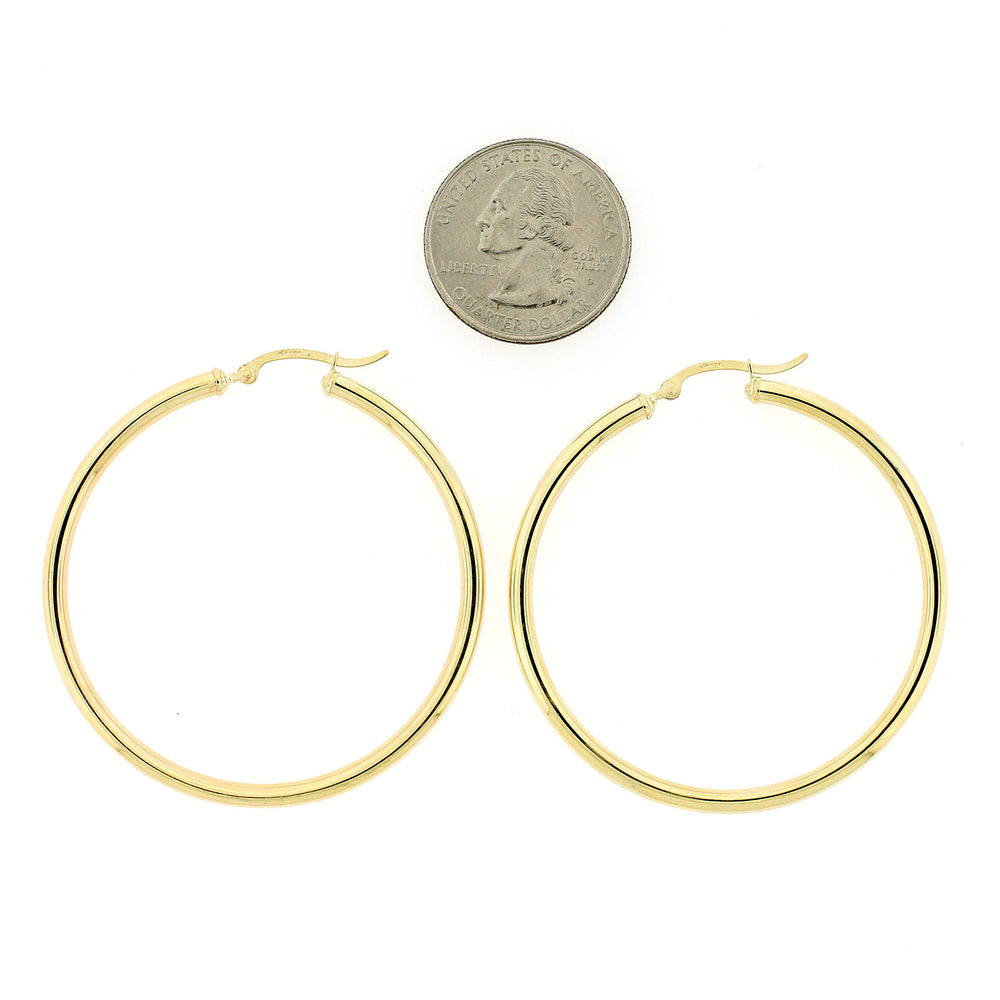 Real 10K Solid Yellow Gold 3mm X 50mm 2" Plain Shiny Round Tube Hoop Earrings