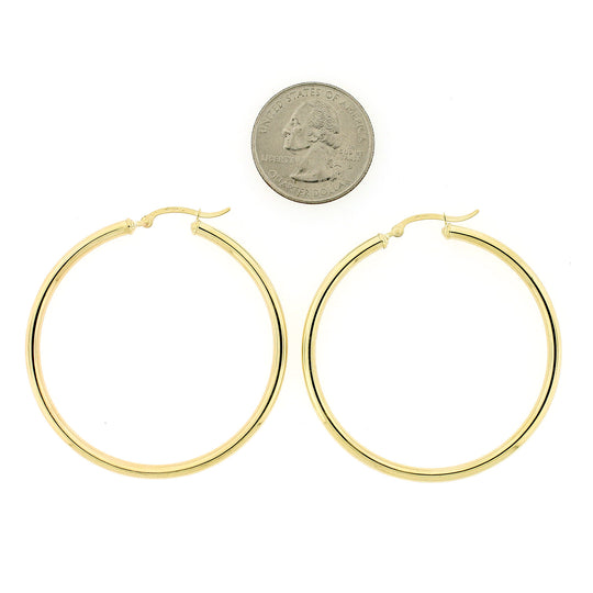 Real 10K Solid Yellow Gold 3mm X 50mm 2" Plain Shiny Round Tube Hoop Earrings