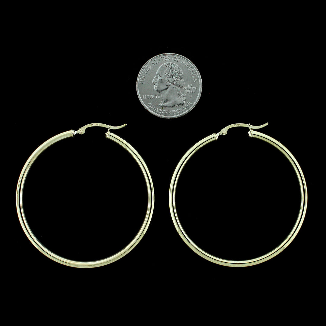 Real 10K Solid Yellow Gold 3mm X 50mm 2" Plain Shiny Round Tube Hoop Earrings