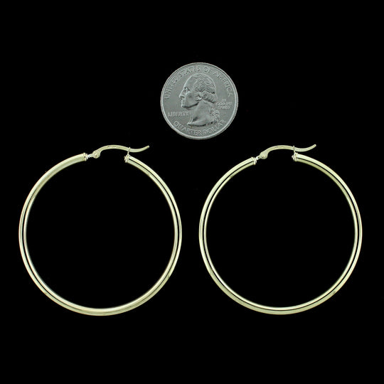 Real 10K Solid Yellow Gold 3mm X 50mm 2" Plain Shiny Round Tube Hoop Earrings