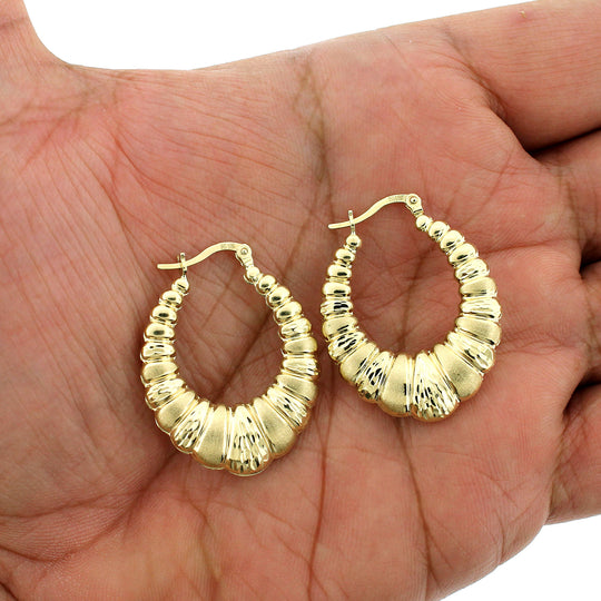Womens Real 10K Yellow Gold Diamond Cut Scalloped Hoop Shrimp Earrings, 3 Sizes