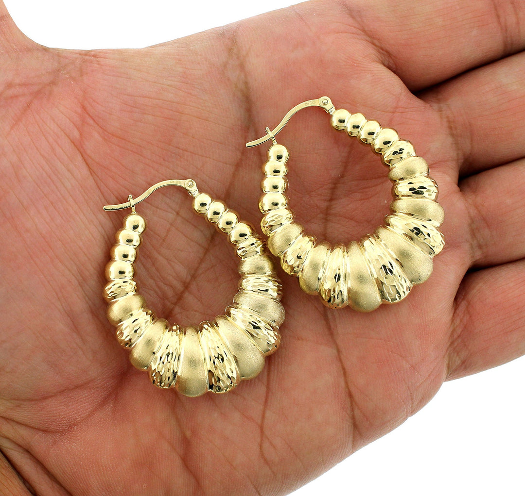 10K Yellow Gold 45mm Scalloped Hoop Earrings - Oval Shrimp Door Knocker Womens