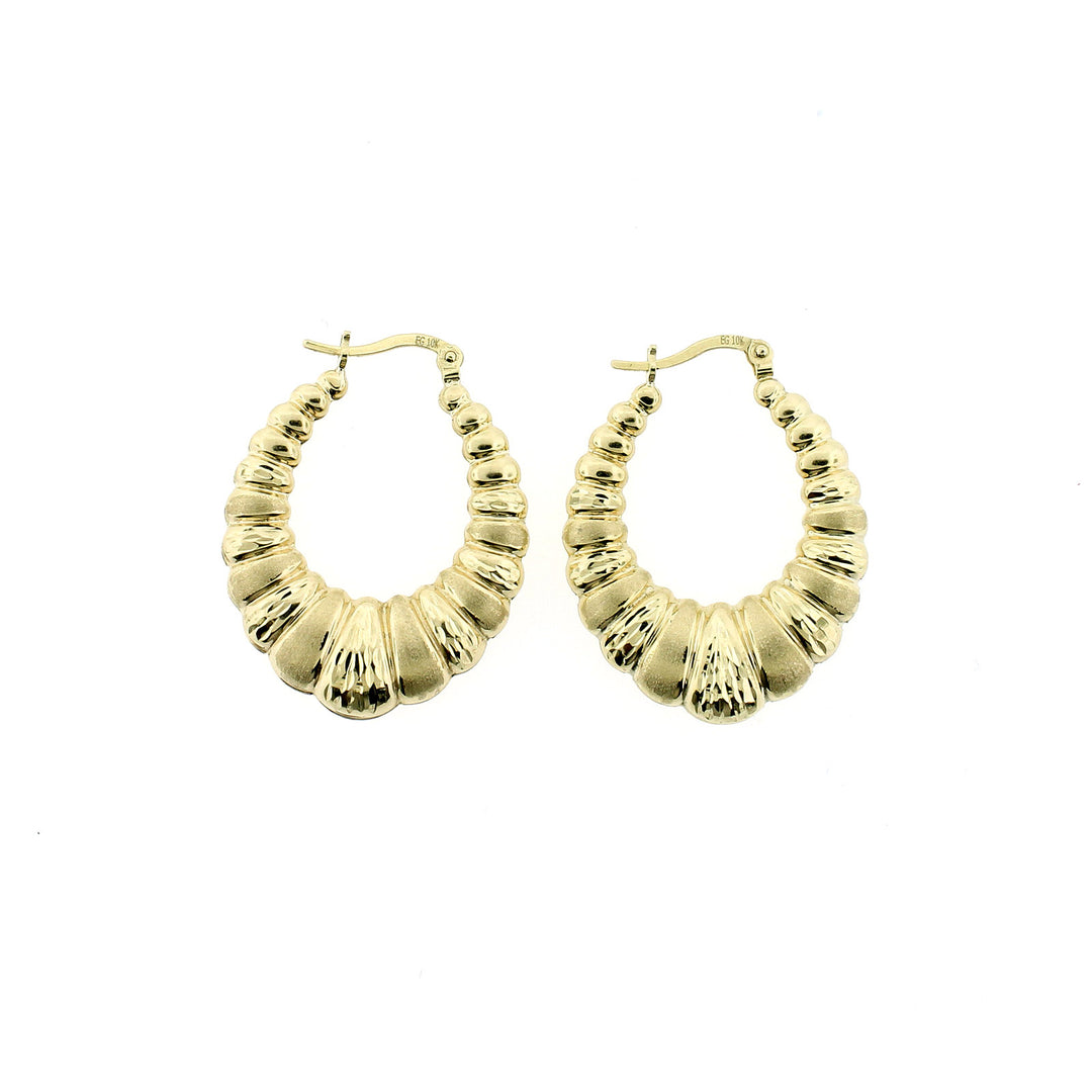 Real 10K Yellow Gold 32mm 1.25" Diamond Cut Scalloped Hoop Shrimp Earrings