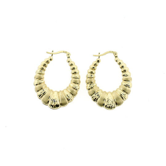 Real 10K Yellow Gold 32mm 1.25" Diamond Cut Scalloped Hoop Shrimp Earrings