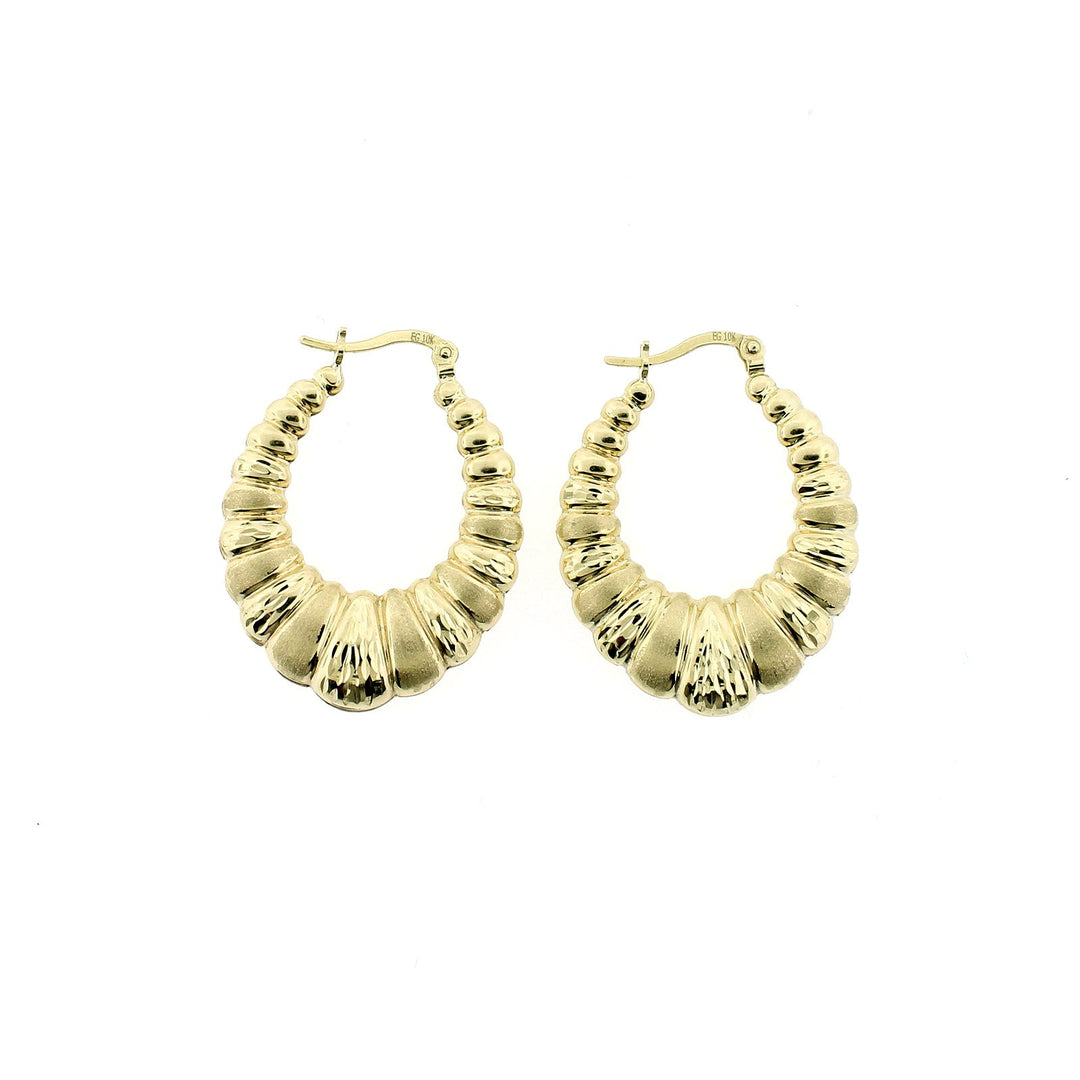 10K Yellow Gold 32mm Scalloped Hoop Earrings - Oval Shrimp Door Knocker Women