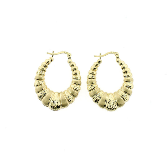 10K Yellow Gold 32mm Scalloped Hoop Earrings - Oval Shrimp Door Knocker Women