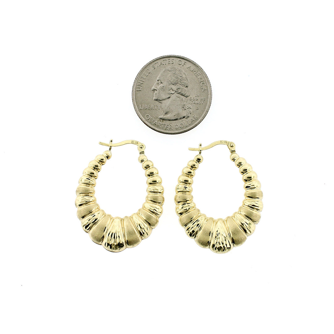 Real 10K Yellow Gold 32mm 1.25" Diamond Cut Scalloped Hoop Shrimp Earrings