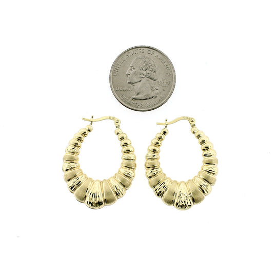 Real 10K Yellow Gold 32mm 1.25" Diamond Cut Scalloped Hoop Shrimp Earrings