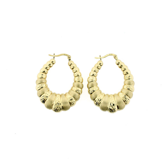 Real 10K Yellow Gold 38mm 1.5" Diamond Cut Medium Scalloped Hoop Shrimp Earrings