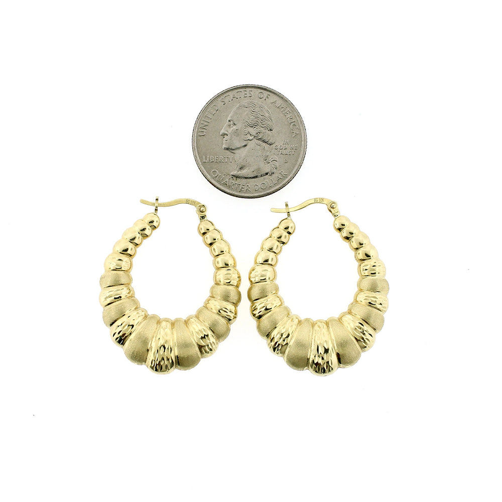 Real 10K Yellow Gold 38mm 1.5" Diamond Cut Medium Scalloped Hoop Shrimp Earrings