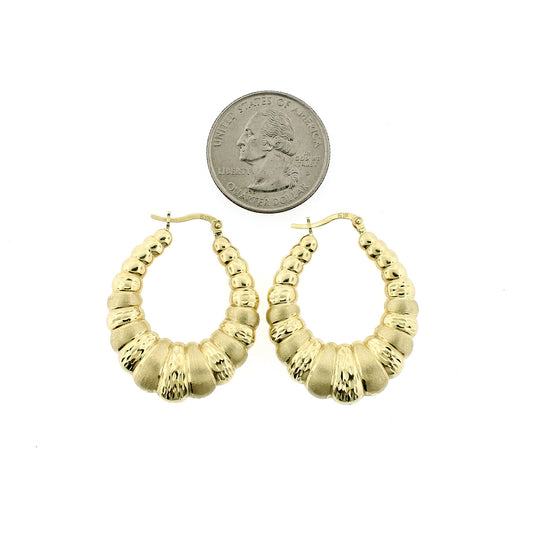 Real 10K Yellow Gold 38mm 1.5" Diamond Cut Medium Scalloped Hoop Shrimp Earrings