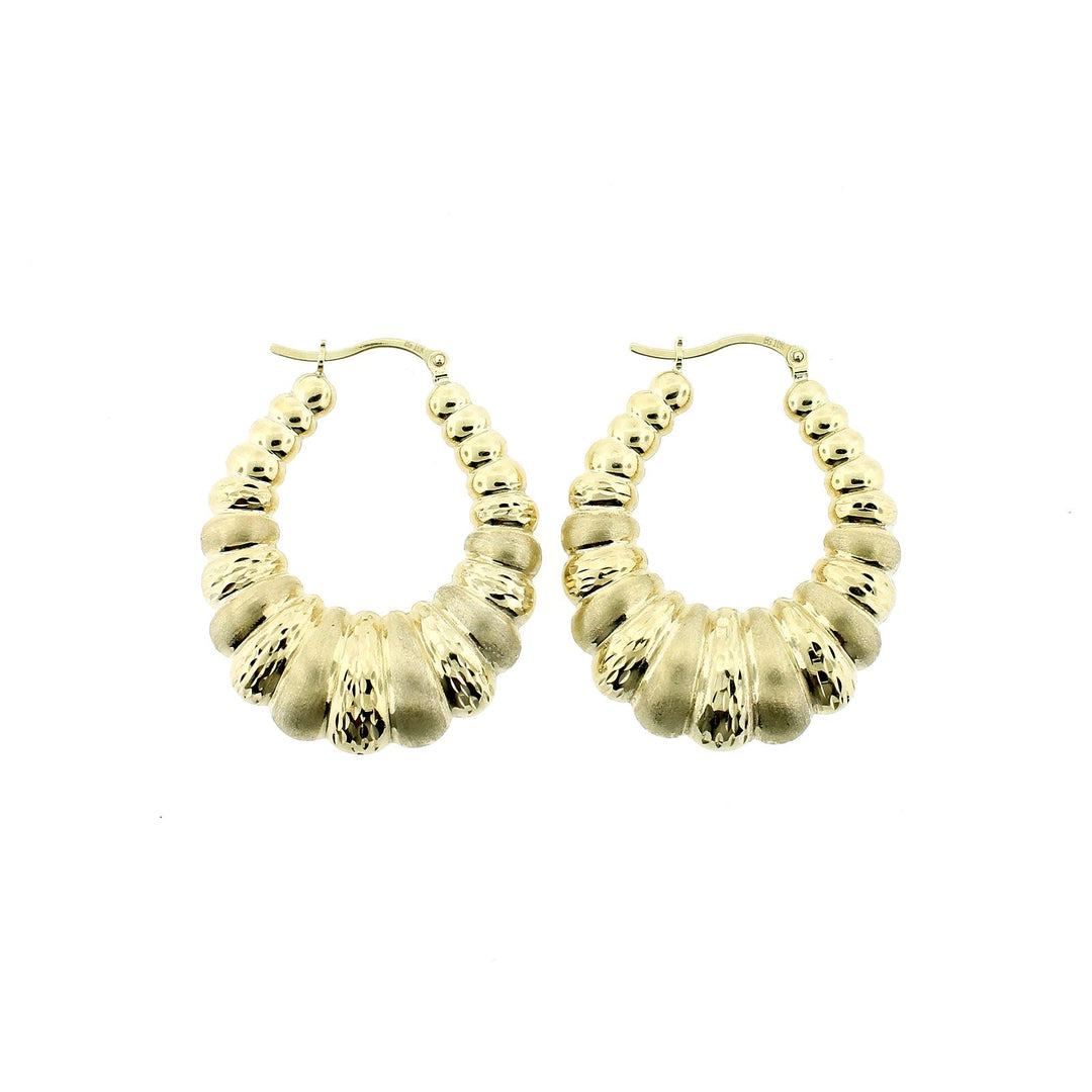 10K Yellow Gold 45mm Scalloped Hoop Earrings - Oval Shrimp Door Knocker Womens