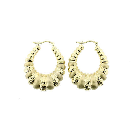 10K Yellow Gold 45mm Scalloped Hoop Earrings - Oval Shrimp Door Knocker Womens