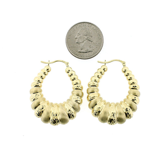 10K Yellow Gold 45mm Scalloped Hoop Earrings - Oval Shrimp Door Knocker Womens
