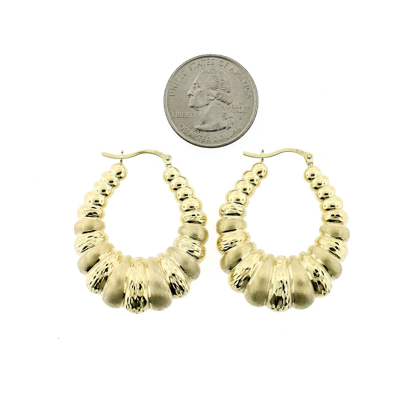 10K Yellow Gold 8.5mm Scalloped Hoop Earrings - Oval Shrimp Door Knocker Womens
