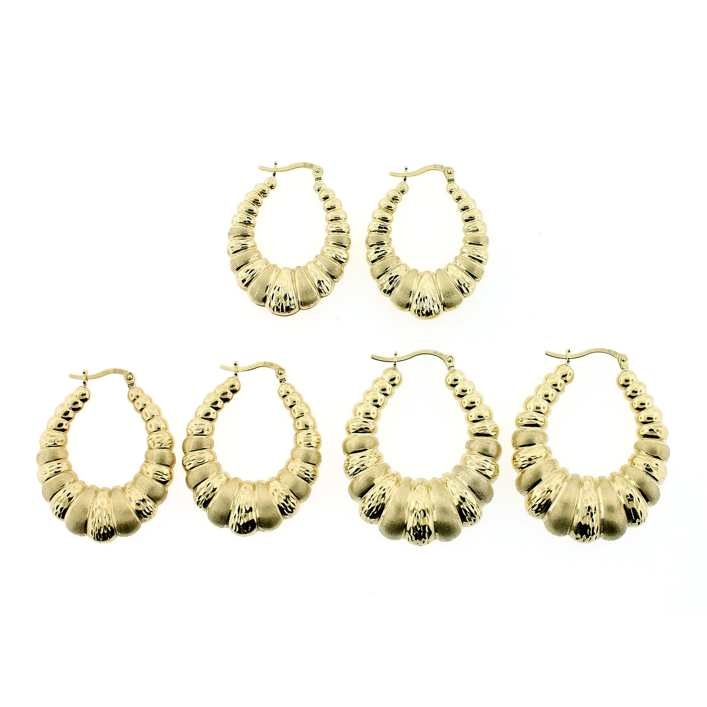 Womens Real 10K Yellow Gold Diamond Cut Scalloped Hoop Shrimp Earrings, 3 Sizes
