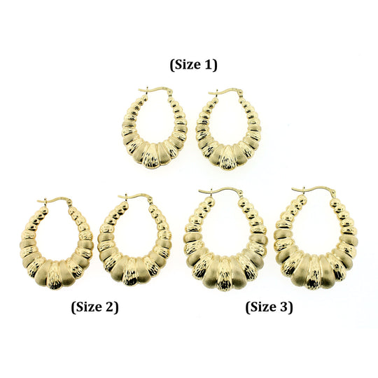 Womens Real 10K Yellow Gold Diamond Cut Scalloped Hoop Shrimp Earrings, 3 Sizes