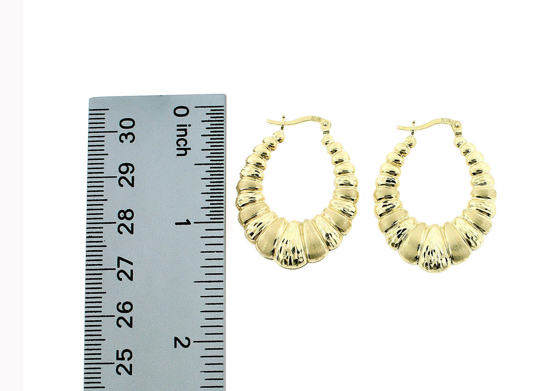 Real 10K Yellow Gold 32mm 1.25" Diamond Cut Scalloped Hoop Shrimp Earrings