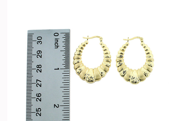 10K Yellow Gold 32mm Scalloped Hoop Earrings - Oval Shrimp Door Knocker Women