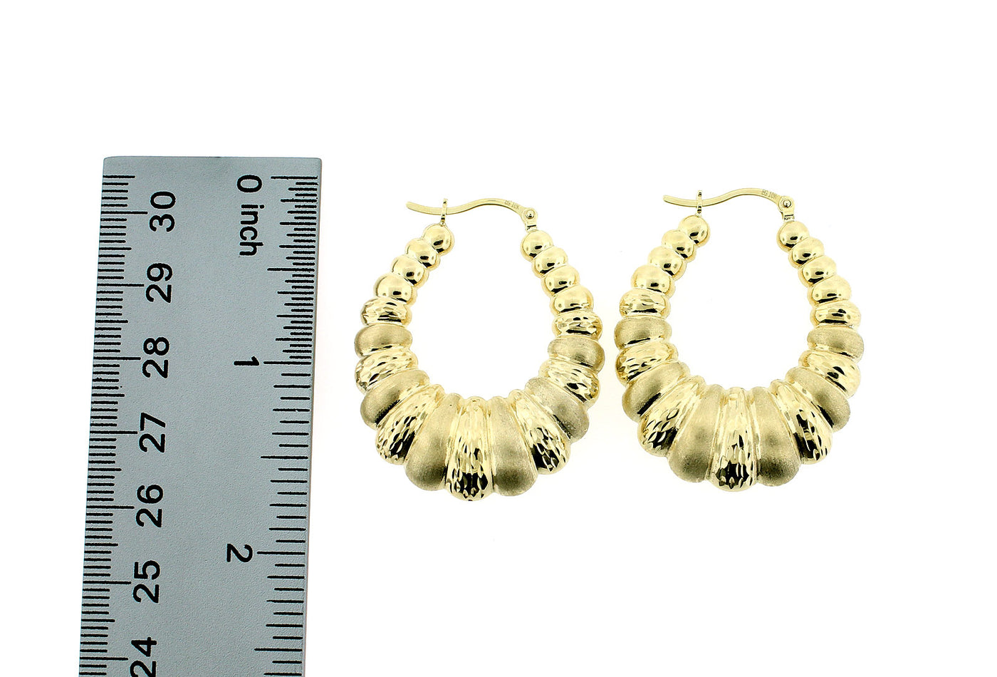 Real 10K Yellow Gold 6mm 1.5" Diamond Cut Medium Scalloped Hoop Shrimp Earrings