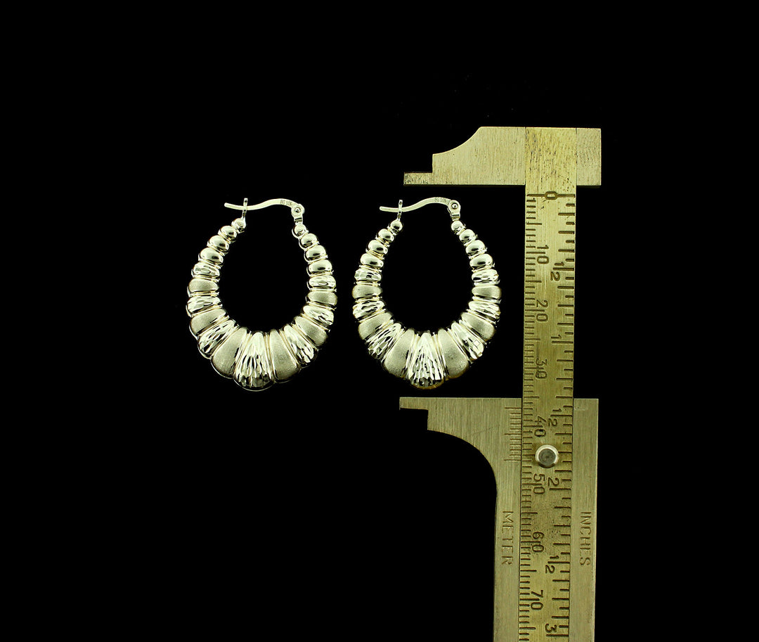 Real 10K Yellow Gold 32mm 1.25" Diamond Cut Scalloped Hoop Shrimp Earrings