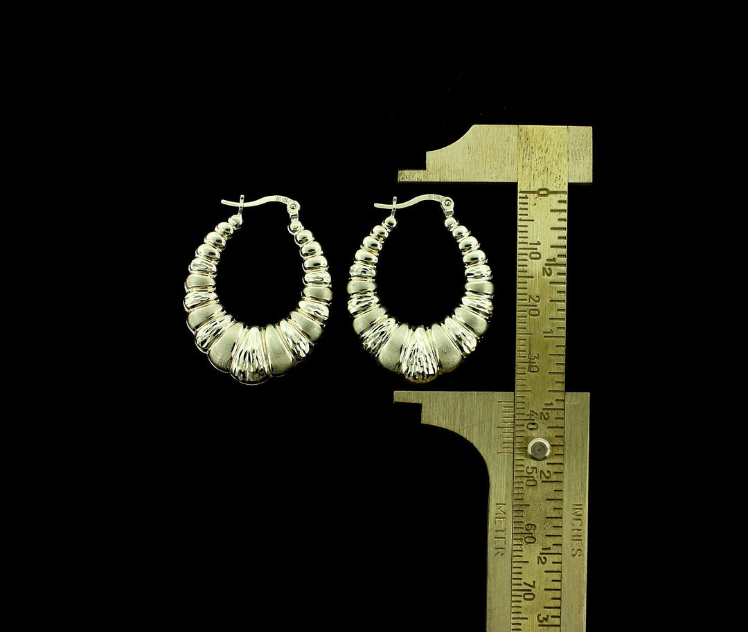 10K Yellow Gold 32mm Scalloped Hoop Earrings - Oval Shrimp Door Knocker Women