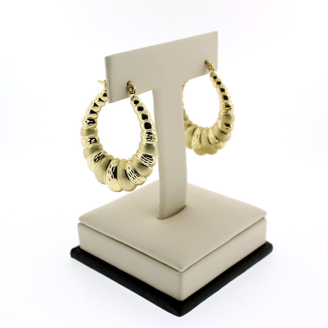Real 10K Yellow Gold 32mm 1.25" Diamond Cut Scalloped Hoop Shrimp Earrings