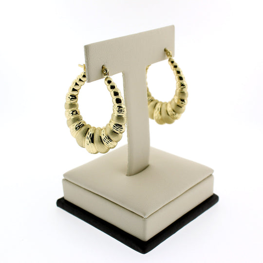 Real 10K Yellow Gold 32mm 1.25" Diamond Cut Scalloped Hoop Shrimp Earrings