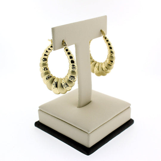 10K Yellow Gold 32mm Scalloped Hoop Earrings - Oval Shrimp Door Knocker Women