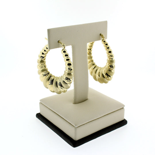 Real 10K Yellow Gold 38mm 1.5" Diamond Cut Medium Scalloped Hoop Shrimp Earrings