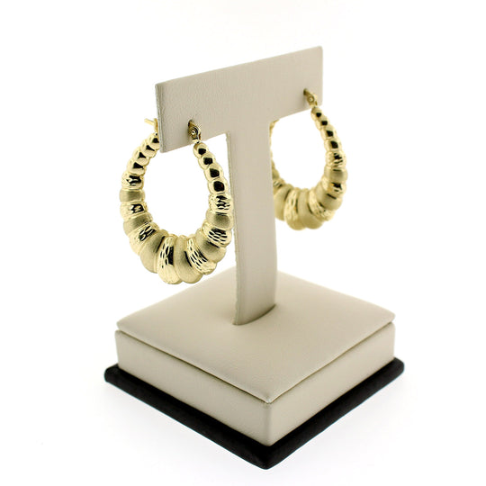 Womens Real 10K Yellow Gold Diamond Cut Scalloped Hoop Shrimp Earrings, 3 Sizes