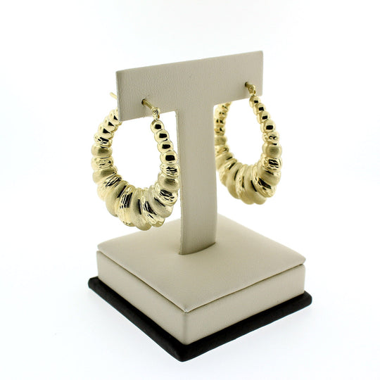 10K Yellow Gold 38mm Scalloped Hoop Earrings - Oval Shrimp Door Knocker Women