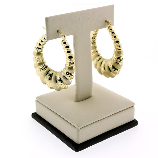 Real 10K Yellow Gold 45mm 1.75" Diamond Cut Large Scalloped Hoop Shrimp Earrings