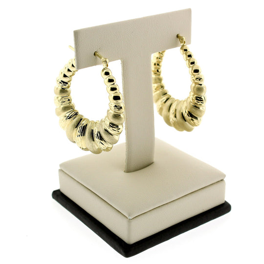 10K Yellow Gold 45mm Scalloped Hoop Earrings - Oval Shrimp Door Knocker Womens