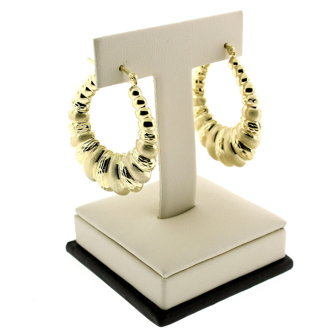 Womens Real 10K Yellow Gold Diamond Cut Scalloped Hoop Shrimp Earrings, 3 Sizes