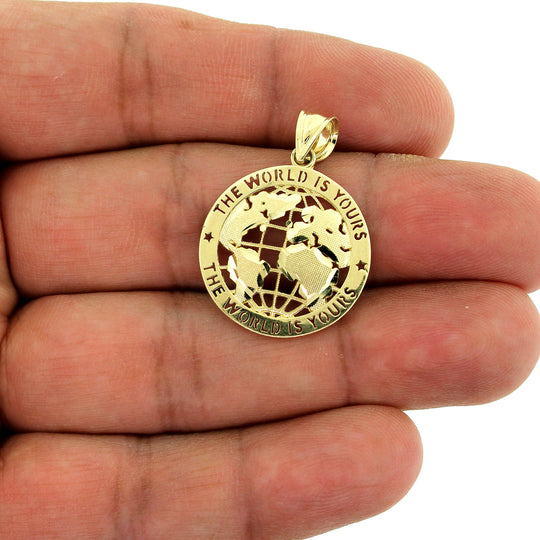 Mens Real 10K Yellow Gold The World is Yours Globe Pendant &amp; 2.5mm Rope Chain Necklace Set