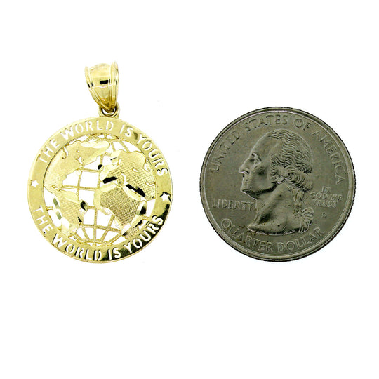 Mens Real 10K Yellow Gold The World is Yours Globe Pendant &amp; 2.5mm Rope Chain Necklace Set
