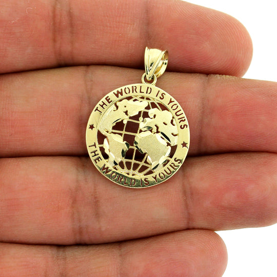 Mens Real 10K Yellow Gold Diamond Cut The World is Yours Globe Map Charm Pendant