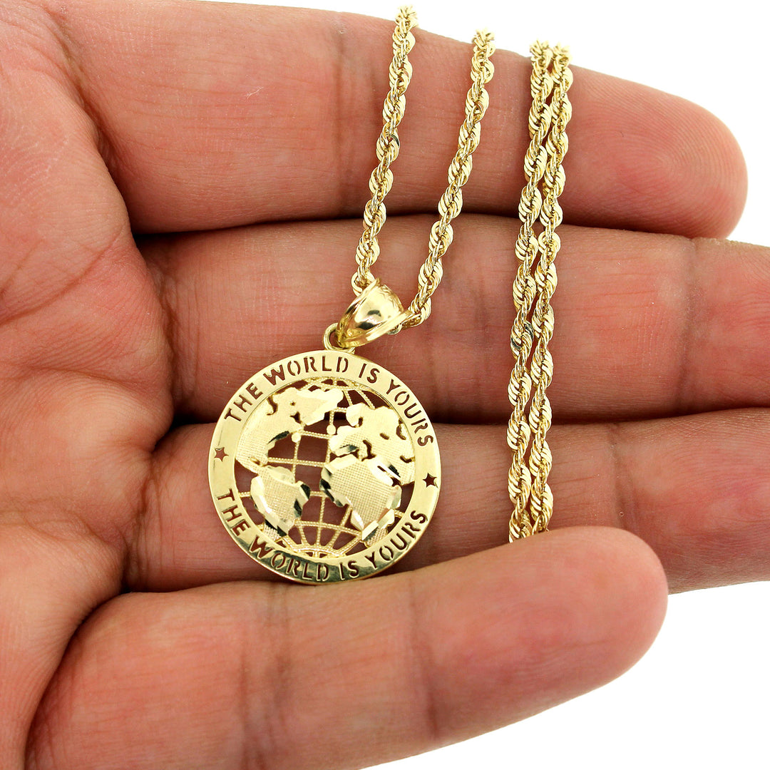 Mens Real 10K Yellow Gold The World is Yours Globe Pendant &amp; 2.5mm Rope Chain Necklace Set