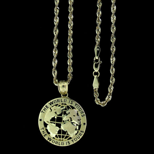 Mens Real 10K Yellow Gold The World is Yours Globe Pendant &amp; 2.5mm Rope Chain Necklace Set